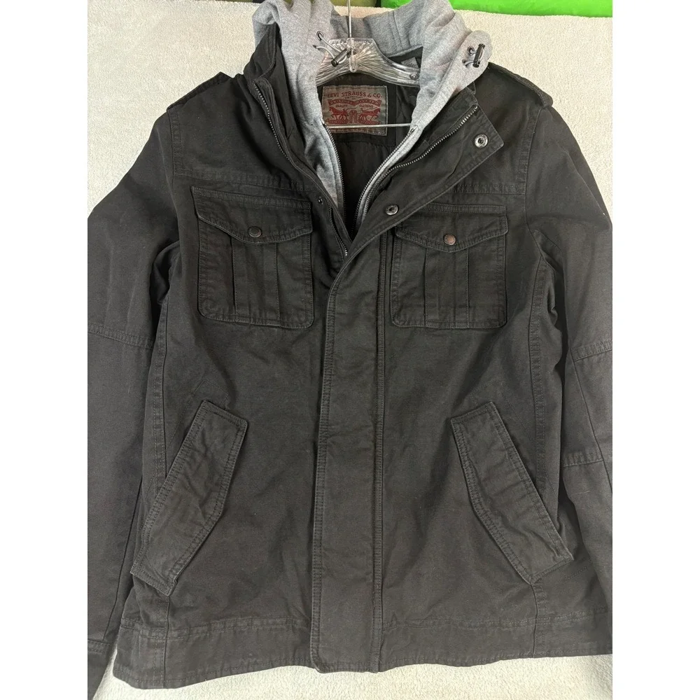 Levi's Co Mens Hooded Canvas Jacket Black Full Zip Snap Button‎ Small S NEW